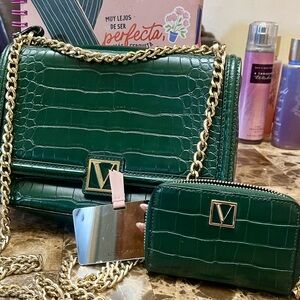 Victoria's Secret Green Croc-Embossed Chain Crossbody with Matching Pouch